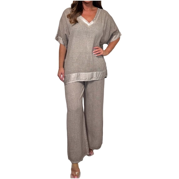 CHUMUD Two Piece Sets for Women Summer Outfits Short Sleeve V Neck T Shirts Wide Leg Pants Trousers Casual Going Out (Avail for Plus Size)