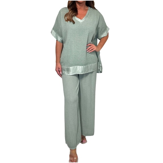 CHUMUD Two Piece Sets for Women Summer Outfits Short Sleeve V Neck T Shirts Wide Leg Pants Trousers Casual Going Out (Avail for Plus Size)