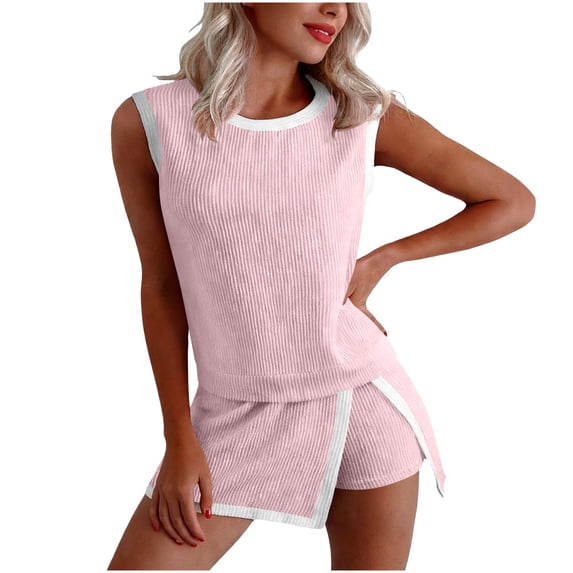 CHUMUD Two Piece Sets for Women Summer Outfits Sleeveless Tank Top Casual Mini Skorts Shorts Color Block Set