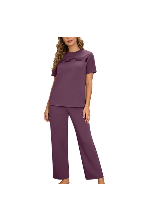 Two Piece Sets for Women Wide Leg Pants Set Summer Outfits Short Sleeve Crew Neck Tees Trousers Matching Sets Casual Going Out