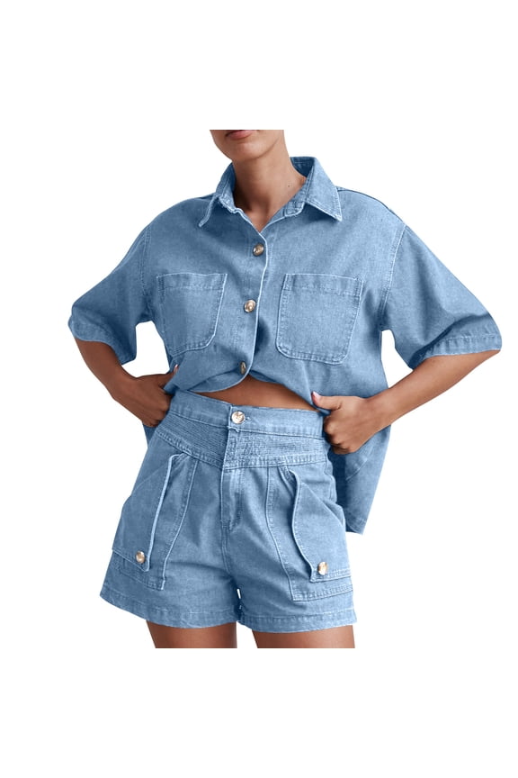 Two Piece Shorts Sets for Women Summer Denim Outfits Short Sleeve Loose Button Down Lapel Shirts Jeans Vacation Clothes