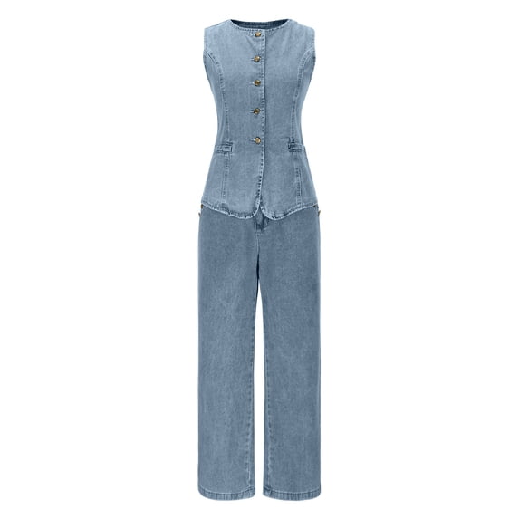 CHUMUD Women 2 Piece Denim Set Button Sleeveless Jean Vest Denim Top Y2k Shirt Wide Leg Jeans Palazzo Pants Outfits Summer Casual Going Out