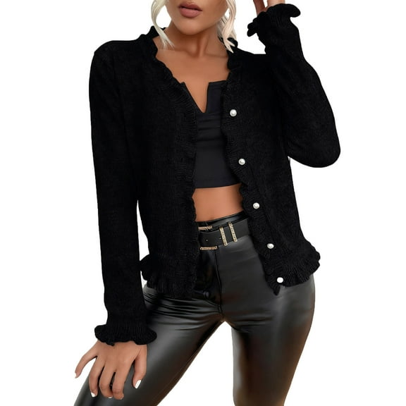 CHUMUD Women Cardigan Sweaters Long Sleeve Ruffled Neck Button Knit Solid Cropped length Casual Spring Fashion Outfits