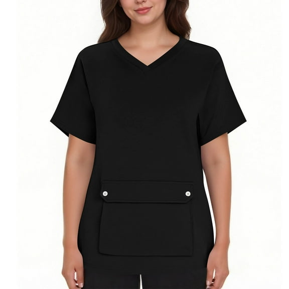 CHUMUD Women Caregiver Uniform Short Sleeve V Neck Front Big Pockets Soft Solid Tops 2-Way Stretch & Durable Fabric