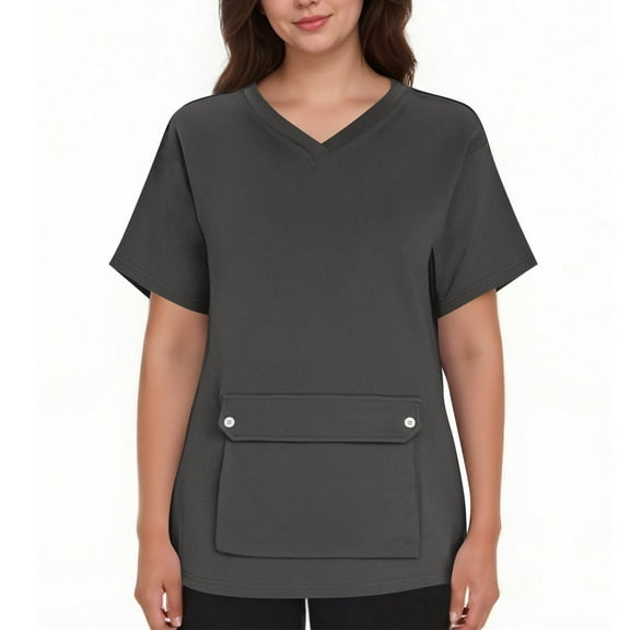 CHUMUD Women Caregiver Uniform Short Sleeve V Neck Front Big Pockets Soft Solid Tops 2-Way Stretch & Durable Fabric
