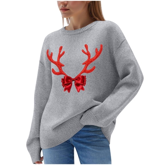 CHUMUD Women Christmas Sweater Crew Neck Pullover Red Bow Fawn Print Sweater Casual Long Sleeve Knit Tops Holiday Gifts