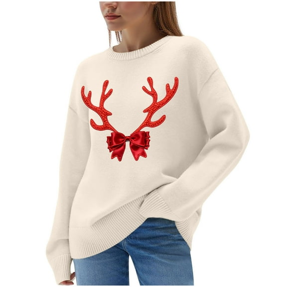 CHUMUD Women Christmas Sweater Crew Neck Pullover Red Bow Fawn Print Sweater Casual Long Sleeve Knit Tops Holiday Gifts