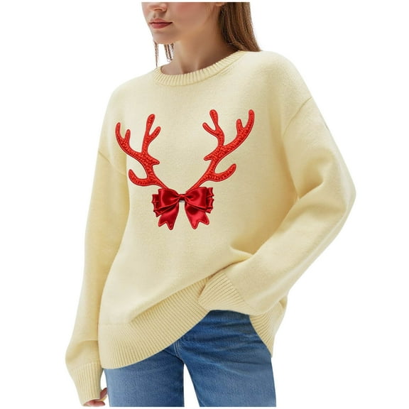 CHUMUD Women Christmas Sweater Crew Neck Pullover Red Bow Fawn Print Sweater Casual Long Sleeve Knit Tops Holiday Gifts