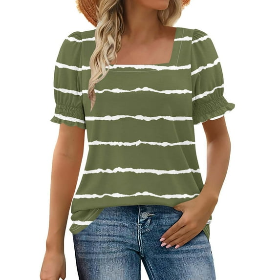 CHUMUD Women Color Block Stripes Short Sleeve Tops Square Neck Ruffle Trim Sleeve Trendy T Shirts Summer Loose Fit
