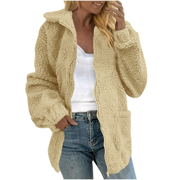 CHUMUD Women Full Zip Sherpa Fleece Jacket Casual Stand Collar Fuzzy Shearling Coat Winter Cozy Outerwear with Pockets