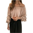 thumbnail image 1 of CHUMUD Women Off Shoulder Blouses Long Sleeve Chiffon Top Slim Fitted Shirts Elegant Ladies Work Date Everyday S-4XL, 1 of 6