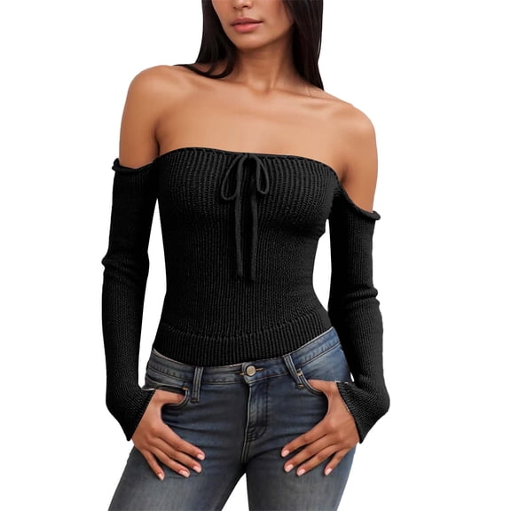 CHUMUD Women Off Shoulder Tops Long Sleeve Casual Fashion Knitwear Solid Slim Sexy Top Bow