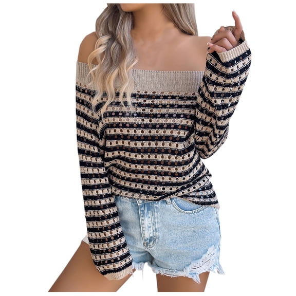 CHUMUD Women Off Shoulder Tops Long Sleeve Stripe Blouses Loose Fitted Shirts Outdoor Everyday Spring Summer