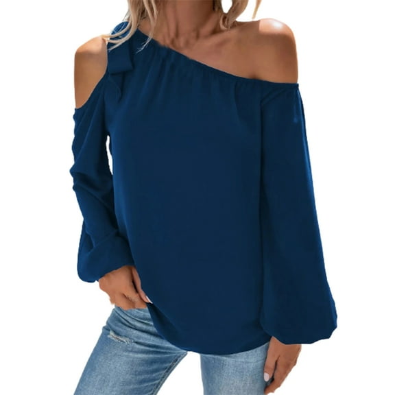 CHUMUD Women Off Shoulder Tops Long Sleeved Strap Tie Blouses Loose Fitted Shirts Work Everyday Party Spring