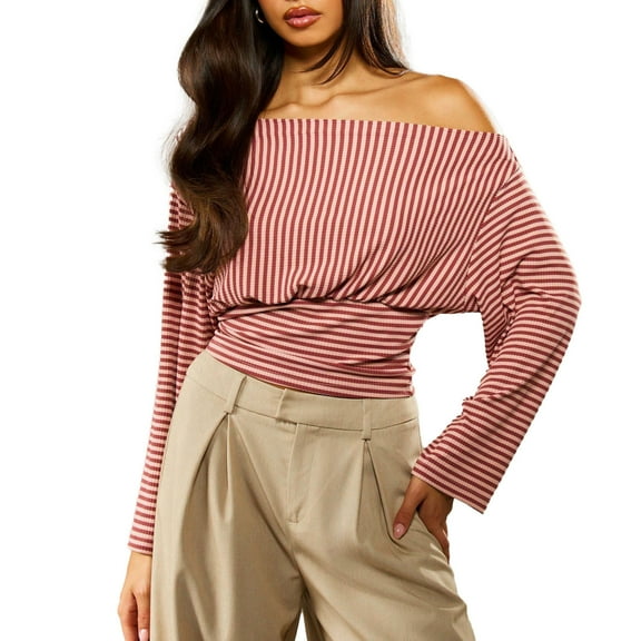 CHUMUD Women Off Shoulder Tops Long Sleeved Stripe Tapered Waist Red Blouses Slim Fitted Shirts Work Everyday Party Date