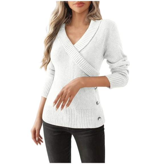 CHUMUD Women Pullover Sweater Long Sleeve V-Neck Slim Fitted Side Buttons Exquisite Basic Fashion Tops Fall Winter Outfits