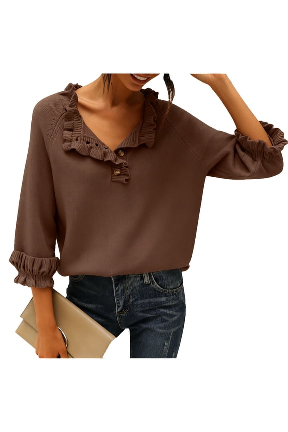 Women Pullover Sweaters Three-quarter Sleeves Button Button-Accented Ruffle-Trimmed V Neck Knit Solid Fashion