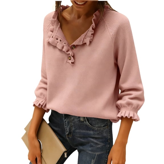 CHUMUD Women Pullover Sweaters Three-quarter Sleeves Button Button-Accented Ruffle-Trimmed V Neck Knit Solid Fashion