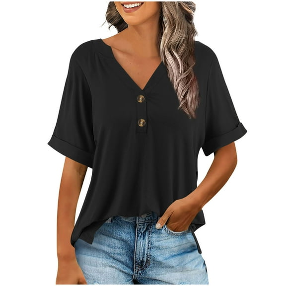 CHUMUD Women Short-Sleeve T-shirt V Neck Front Half Button Relaxed-Fit Blouse Casual Tunic Tops for Curvy