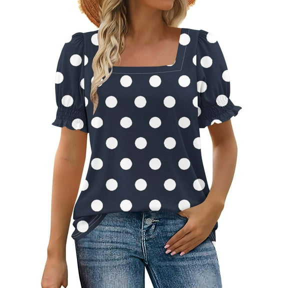 CHUMUD Women Short Sleeve Tops Polka Dots Square Neck Ruffle Trim Sleeve T Shirts Trendy Summer Loose Fit
