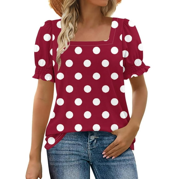 CHUMUD Women Short Sleeve Tops Polka Dots Square Neck Ruffle Trim Sleeve T Shirts Trendy Summer Loose Fit