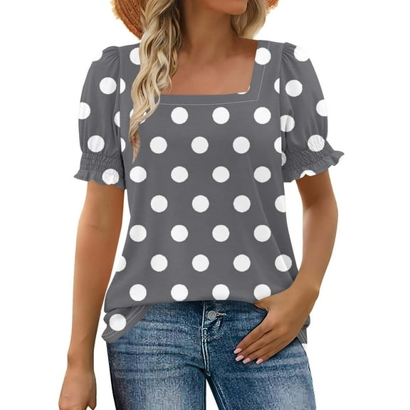 CHUMUD Women Short Sleeve Tops Polka Dots Square Neck Ruffle Trim Sleeve T Shirts Trendy Summer Loose Fit