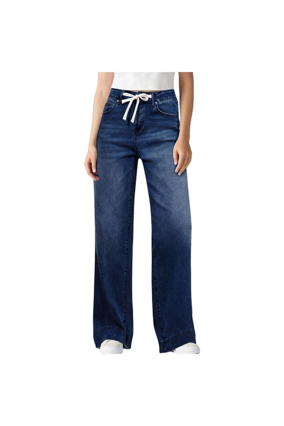 Women Straight Leg Jeans Trendy Pull On Elastic High Waist Drawstring Stretchy Denim Pants with Pockets