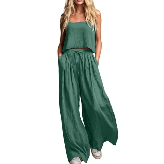 CHUMUD Women's 2 Piece Outfits Matching Lounge Set Sleeveless Crop Tank Top Casual Flowy Wide Leg Pants Summer Trendy Clothes Going Out