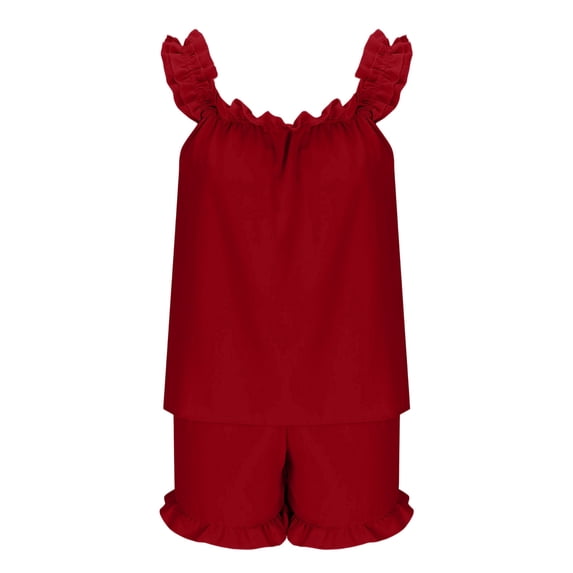 CHUMUD Women's 2 Piece Ruffled Pajama Set – Cute Pjs Sets Sleeveless Frill Strap Tank Top & Drawstring Ruffle Hem Shorts, Soft Loungewear Sleepwear