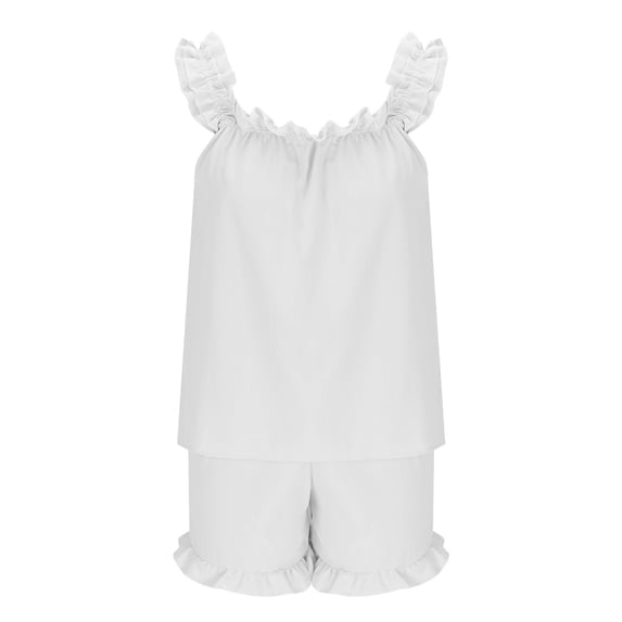CHUMUD Women's 2 Piece Ruffled Pajama Set – Cute Pjs Sets Sleeveless Frill Strap Tank Top & Drawstring Ruffle Hem Shorts, Soft Loungewear Sleepwear