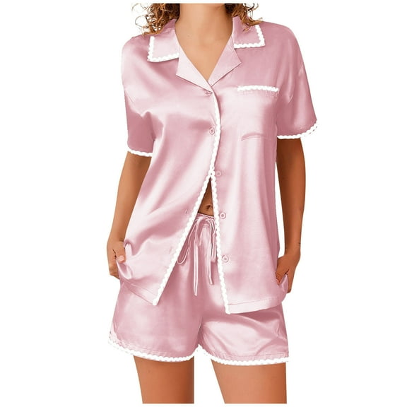 CHUMUD Women's 2025 Silk Pajama Sets 2 Piece Satin Pj Set Button Down Shirt and Shorts Lounge Sets Classic with Pockets