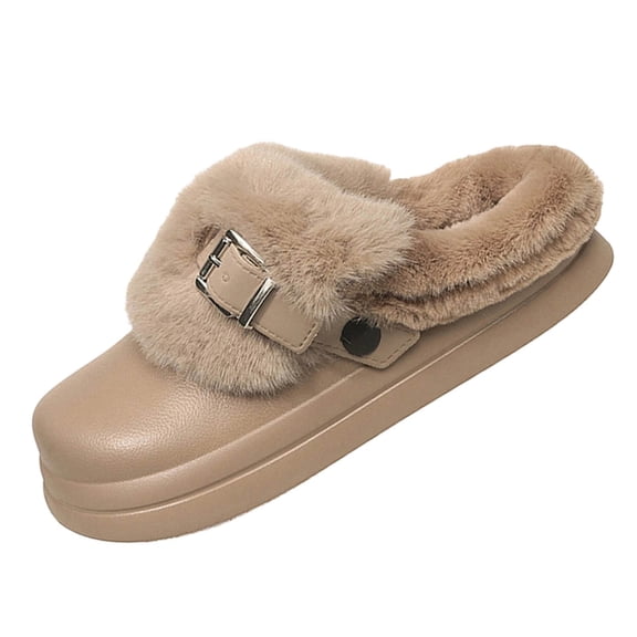 CHUMUD Women's Belt Buckle Slippers - Chunky Platform with Faux Fur Trim, Wide Fit Cozy Winter Slides Indoor Outdoor