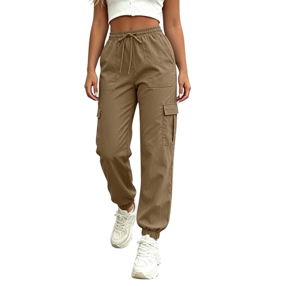 CHUMUD Women's Cargo Joggers Pants, Drawstring Elastic Waist Cuffed Ankle Trousers, Casual Relaxed Fit Sweatpants with Pockets, S-2XL