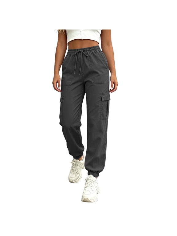 Women's Cargo Joggers Pants, Drawstring Elastic Waist Cuffed Ankle Trousers, Casual Relaxed Fit Sweatpants with Pockets, S-2XL