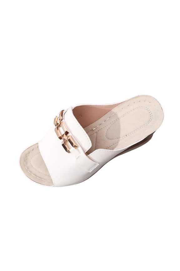 Women's Chic Platform Sandals with Metallic Buckle - Wedge Heel Open-Toe Slides, Trendy Wide Fit Beach Shoes for Spring Summer
