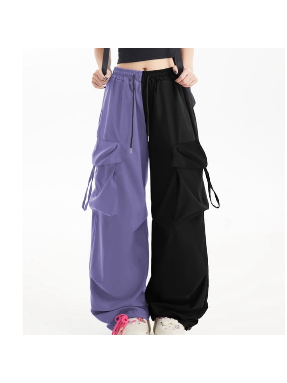 Women's Color Block Parachute Cargo Pants, Drawstring Multi-Pocket Streetwear Trousers, Loose Fit Y2K Skate Bottoms, S-XL