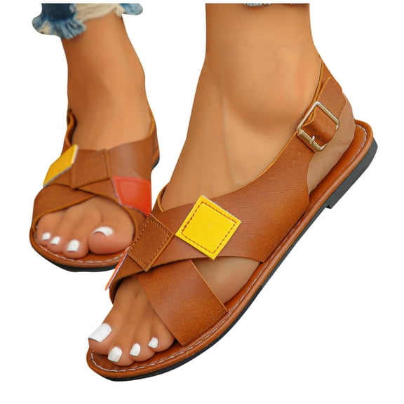 CHUMUD Women's Comfort Flat Sandals - Color Block Crisscross Front & Adjustable Back Strap, Open-Toe Beach Slides for Summer