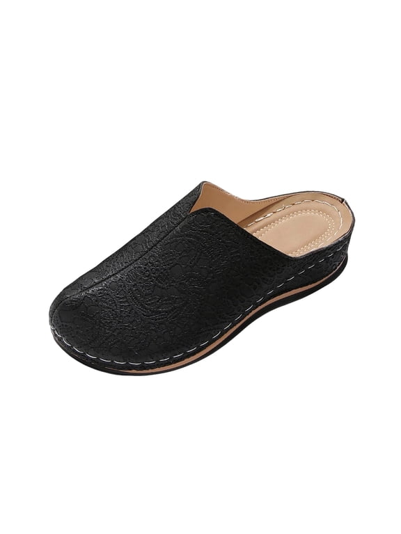 Women's Comfort Walking Mules - Slip-On Platform with Floral Embroidery, Soft Wedge Heel & Wide Fit for Casual Spring Summer