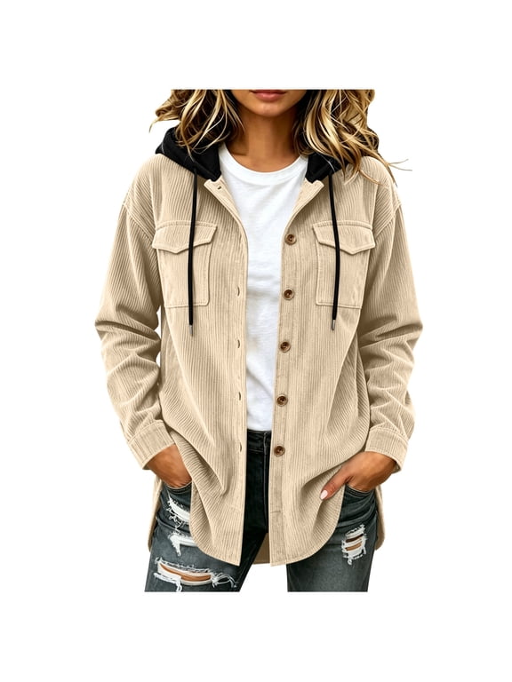 Women's Corduroy Hooded Shacket, Button Down Flap Pocket Jacket, Drawstring Long Sleeve Casual Outerwear, Fall Top, S-2XL
