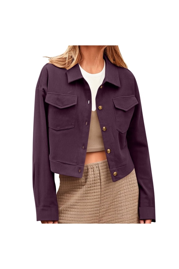 Women's Corduroy Jacket Fashion Cropped Jackets Button Down Shacket Long Sleeve Outerwear with Flap Pockets