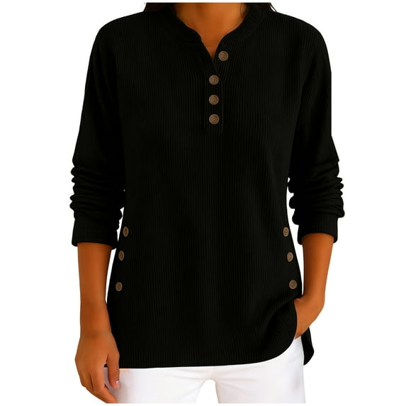 CHUMUD Women's Corduroy Tops Button Henley Long Sleeve Shirts Solid Color Casual Tunics Blouse Spring Fall Outfits