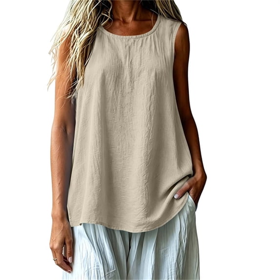 CHUMUD Women's Cotton Linen Tank Top, Sleeveless Crewneck Pullover, Side Slit Casual Summer Blouse, S-2XL