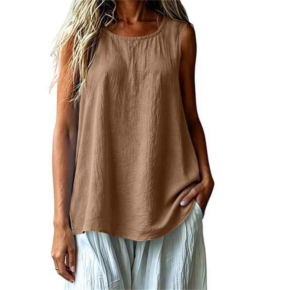 CHUMUD Women's Cotton Linen Tank Top, Sleeveless Crewneck Pullover, Side Slit Casual Summer Blouse, S-2XL