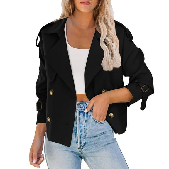 CHUMUD Women's Crop Double Breasted Trench Coat Raglan Sleeve Work Office Cropped Jacket with Pockets Fashion Outerwear