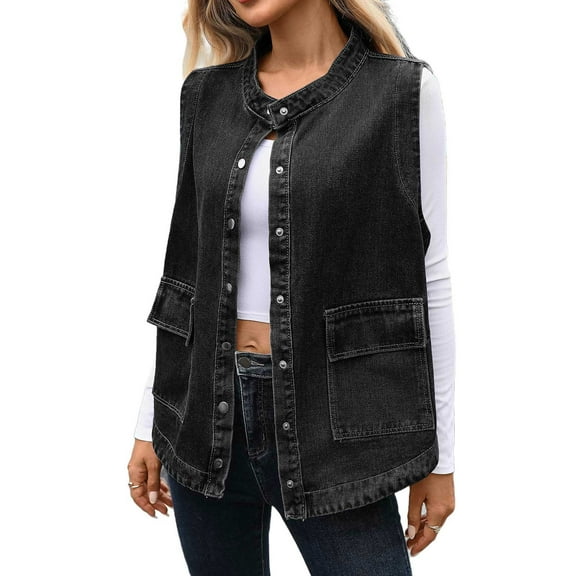 CHUMUD Women's Denim Vest Sleeveless Snap Denim Jacket Casual Mock Neck Denim Waistcoat with Pockets