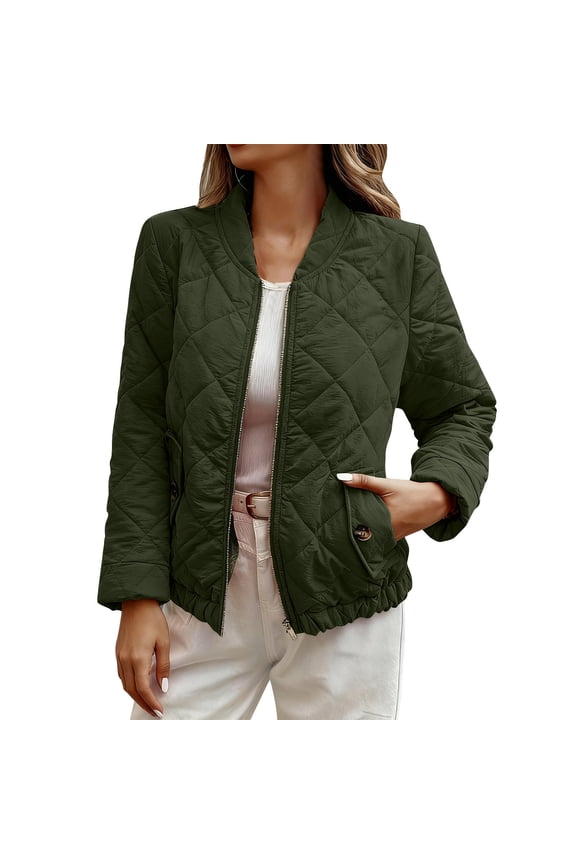Women's Diamond Quilted Bomber Jakcet Lightweight Long Sleeve Stand Collar Puffer Jacket Winter Warm Padded Coats