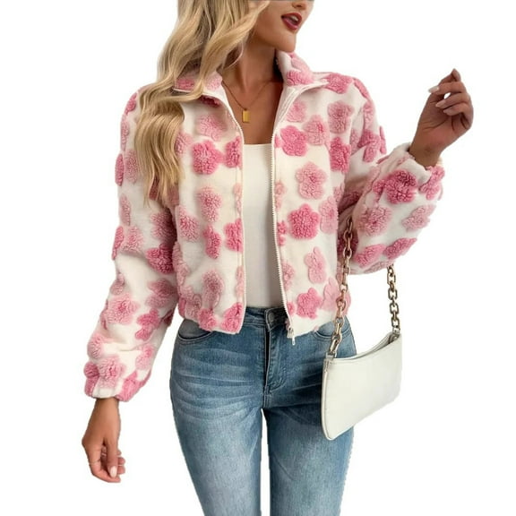 CHUMUD Women's Elegant Full Zip Fleece Jacket Three Dimensional Floral Print Fuzzy Cropped Jacket Outwear with Pockets