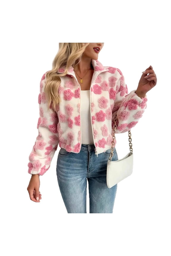 Women's Elegant Full Zip Fleece Jacket Three Dimensional Floral Print Fuzzy Cropped Jacket Outwear with Pockets