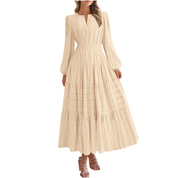 CHUMUD Women's Elegant Maxi Dresses Long Sleeve V Neck A Line Flowy Dress Casual Modest Dress Fashion Clothes