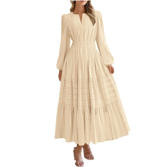 CHUMUD Women's Elegant Maxi Dresses Long Sleeve V Neck A Line Flowy Dress Casual Modest Dress Fashion Clothes